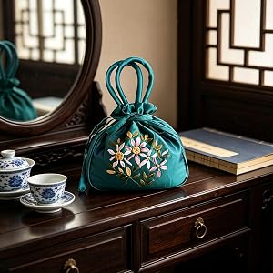 Vintage Tassel Embroidery Handbag, Ethnic Floral Drawstring Purse for Women | Soft Polyester Satin, Handmade Floral Ribbon Em
