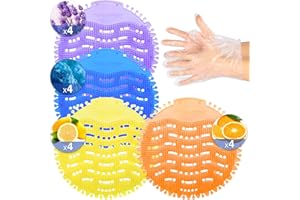 TENKAIWICK 16 PACK Urinal Deodorizer Screen with 100 Gloves-3D Wave Anti-Splash Odor Protection Urinal Cakes for Men Toilets, Four Scents Urinal Mats