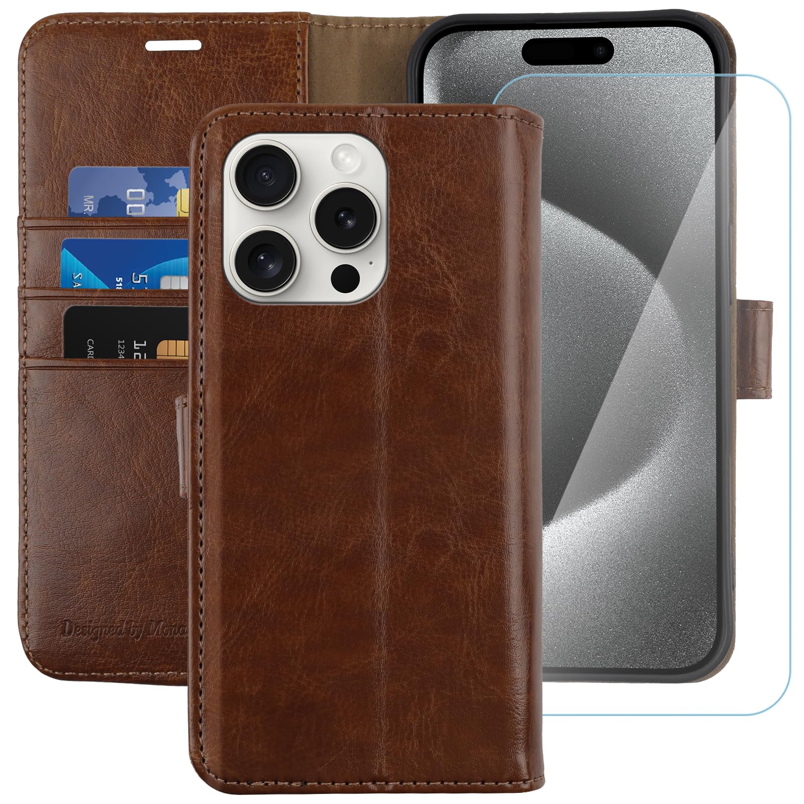 MONASAY for iPhone 15 Pro Max 5G Wallet Case,6.7-inch, [Glass Screen Protector Included] [RFID Blocking] Flip Folio Leather Cell Phone Cover with Credit Card Holder, Brown