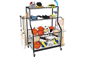 HOMPLE Garage Sports Equipment Organizer, Ball Storage Rack with Wheels,Sports Gear Organizer for Garage Indoor Outdoor,Rolli