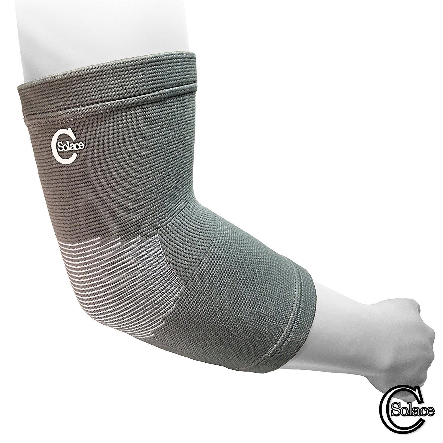 Solace Care Elastic Elbow Support - For Compression, Rugby, Arthritis, Tendinitis, Tennis/Golfers Brace, Cricket, Weight Lifting, Softball - Full Arm Bandage Sleeve (Grey)
