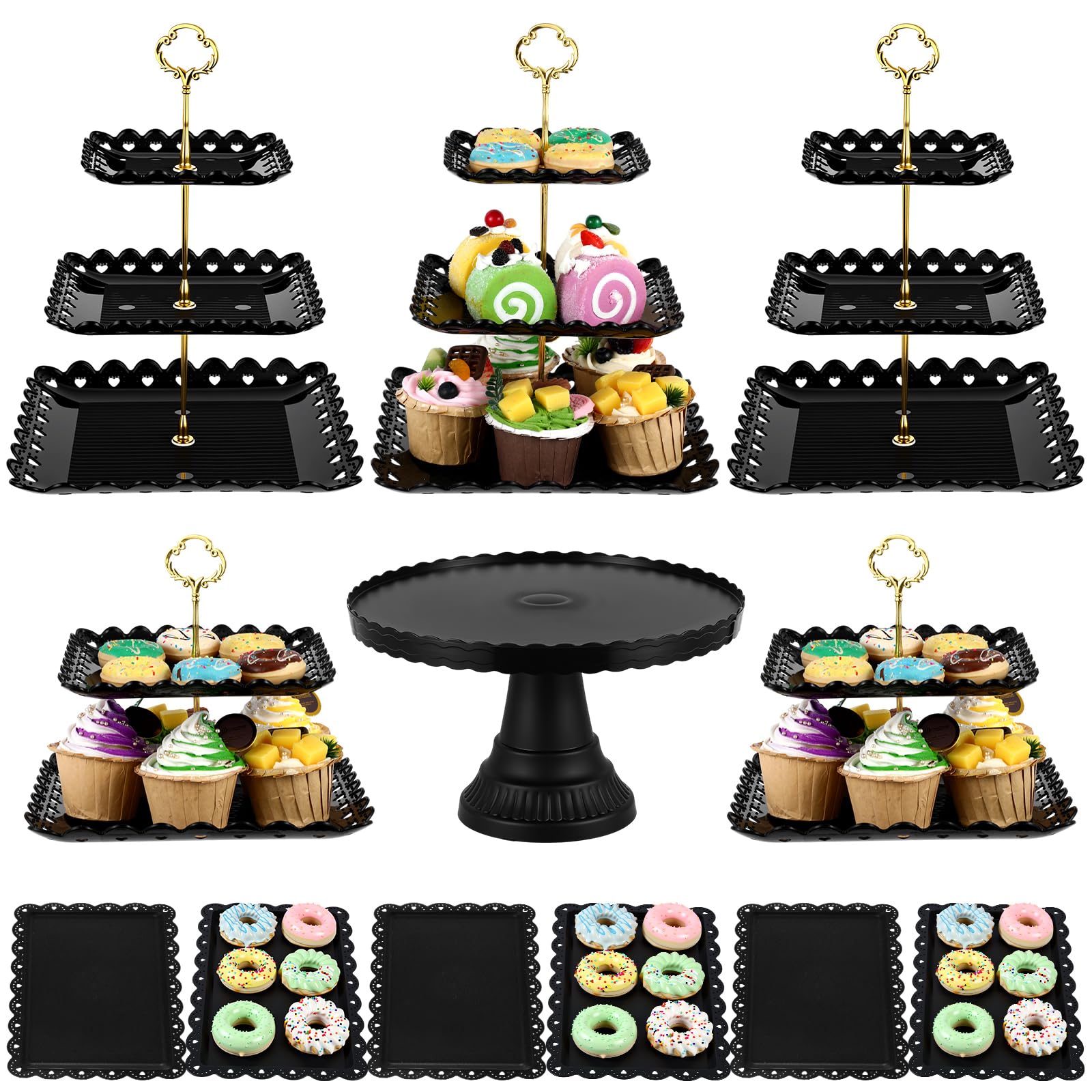 Photo 1 of Willinglong 12 Pcs Dessert Table Display Stand Set Include 5 Cupcake Holder/ Cup Cake Tier Tower 1 Round Lace Cake Stand and 6 Serving Tray Combo for Party Birthday Baby Shower Wedding Square(Black)