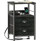 Furologee Nightstand with Charging Station, Black Night Stand with 2 Fabric Drawers, Side Table with USB Ports, End Table with Storage Shelf, for Living Room/Bedroom, Black Oak