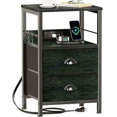 Furologee Nightstand with Charging Station, Black Night Stand with 2 Fabric Drawers, Side Table with USB Ports, End Table with Storage Shelf, for Living Room/Bedroom, Black Oak