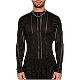 WDIRARA Men's Hollow Out Sheer Sweater Crew Neck Long Sleeve Knitwear Party Sexy Pullover Tops