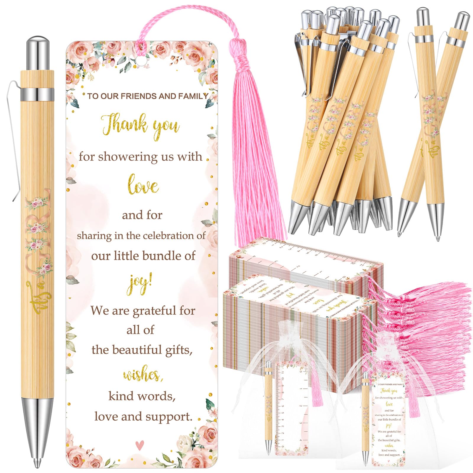 Photo 1 of Gilprop 50 Sets Baby Shower Favors for Guests Includes 50 Baby Shower Ballpoint Pens 50 Thank You Bookmarks 50 Organza Bags for Gender Reveal Gifts Guest Prizes(Floral,Pink)