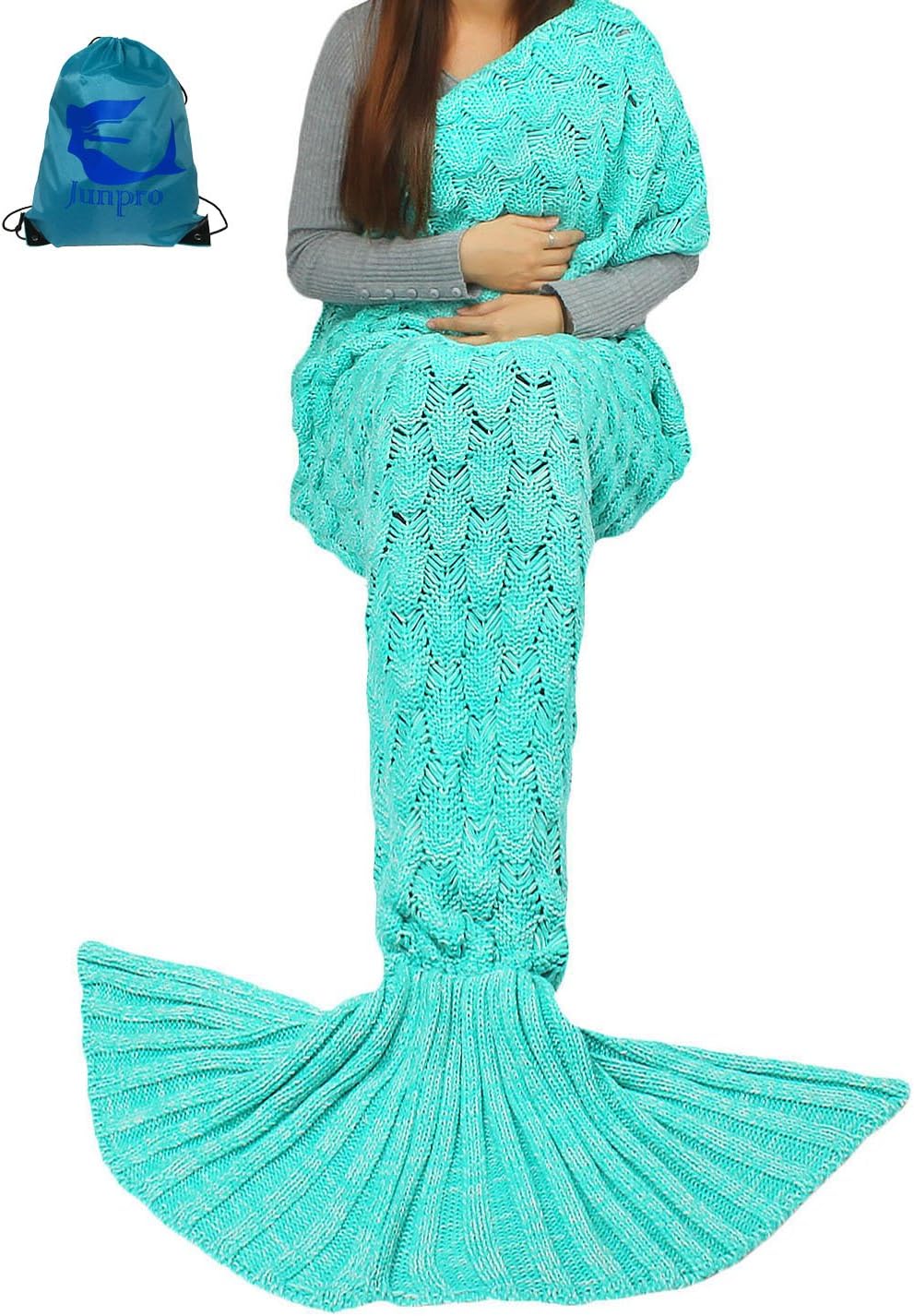 Junpro Mermaid Tail Blanket for Adult Kids Soft Hand Crochet Sleeping Bag for Girls Women in Sofa Bed Living Room (Adult, Scale - Mint)