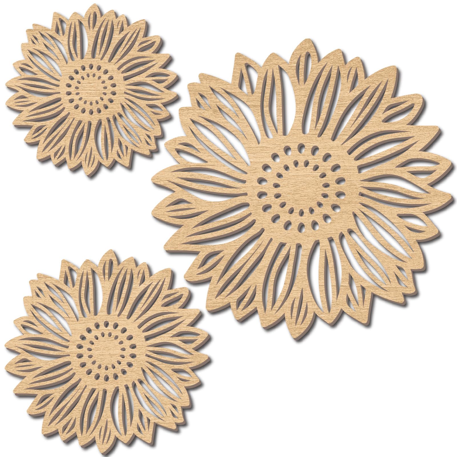 CREATCABIN 3Pcs Flowers Wood Wall Decor Wooden Sunflower Wall Art Decoration Hanging Set Hollowing Out Round Flower Sculpture Laser Cut Wooden Sign Ornament for Home Bedroom Gallery Office