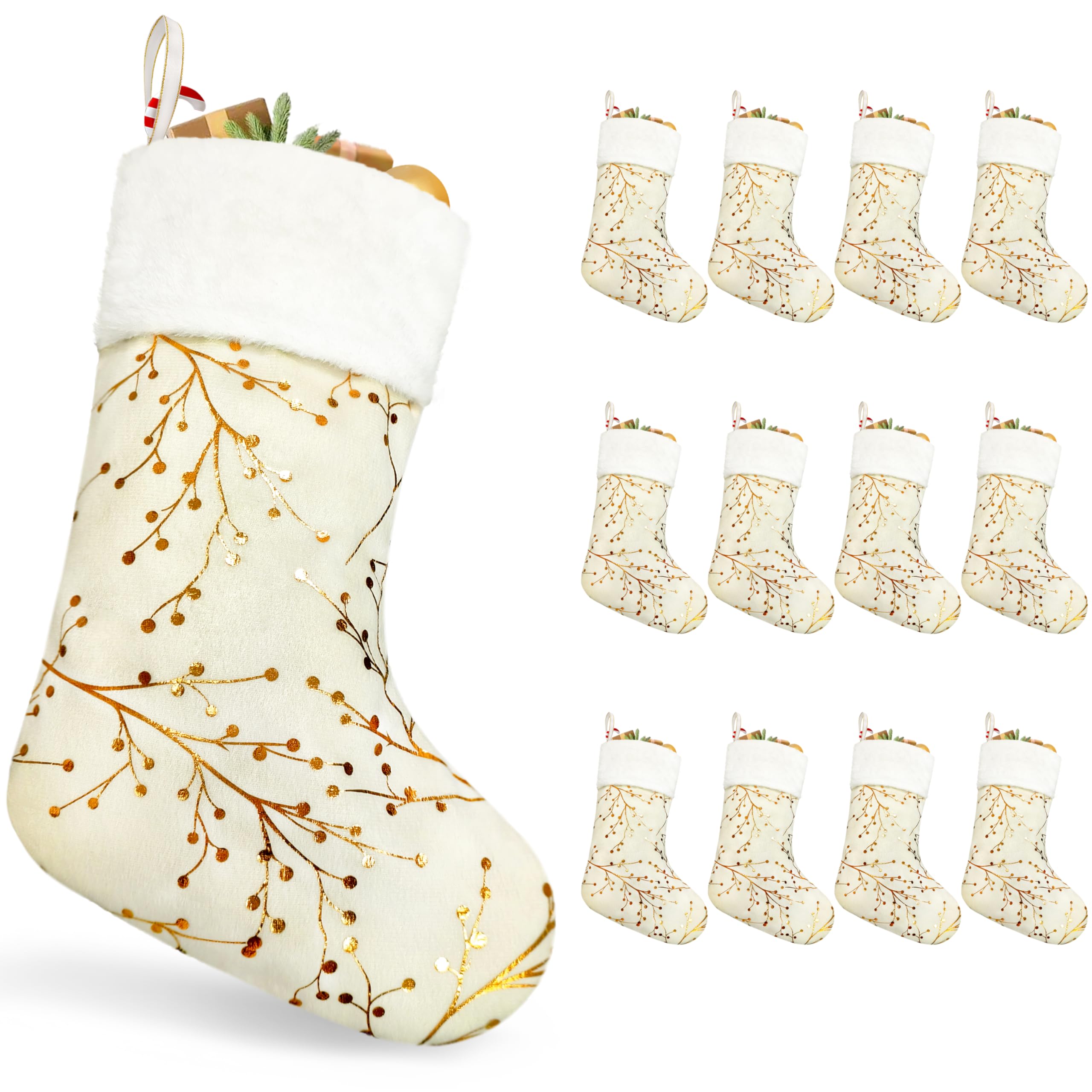 Photo 1 of 12PCS Bulk Christmas Stockings,20"Large Gold&White Velvet with White Plush Cuff Xmas Stocking,Felt Flannel Faux Fur Stockings with Gold Snowflakes,Thicken Christmas Stockings Bulk for Fireplace Mantel