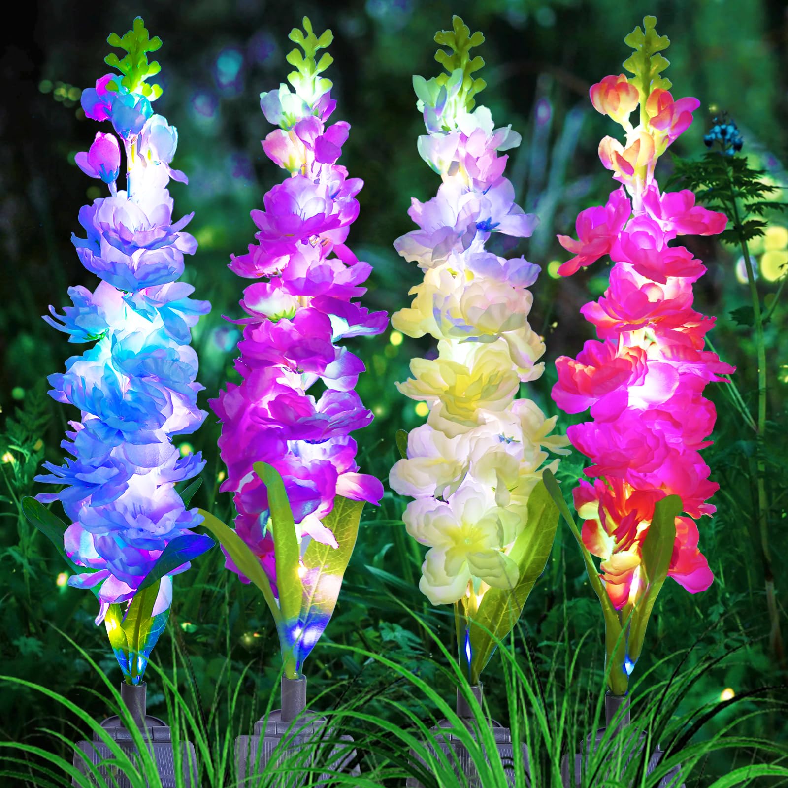 Photo 1 of MRHEPHAESTUS Solar Garden Lights, Solar Delphinium Flowers Lights 4 Pack 80 LEDs, Waterproof Outdoor Light Two Lighting Modes for Outside Wedding Party Garden Yard Patio Lawn Decor