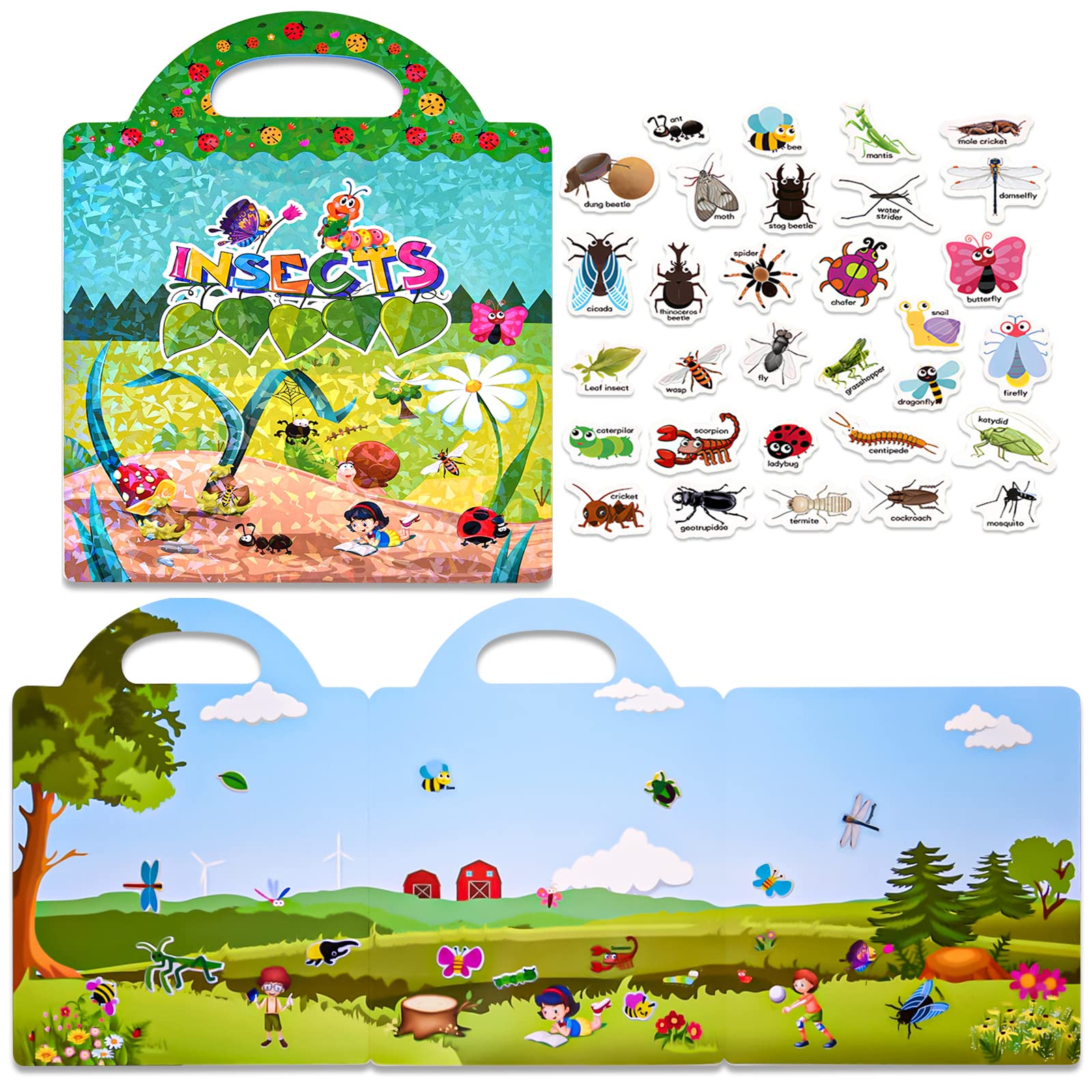 ASTARON Reusable 3D Puffy Sticker Book for Kids 3-6, Cute Waterproof Insects Stickers 88 Pcs,Puffy Sticker Game Travel Stickers and Educational Sensory Learning Toy Busy Book