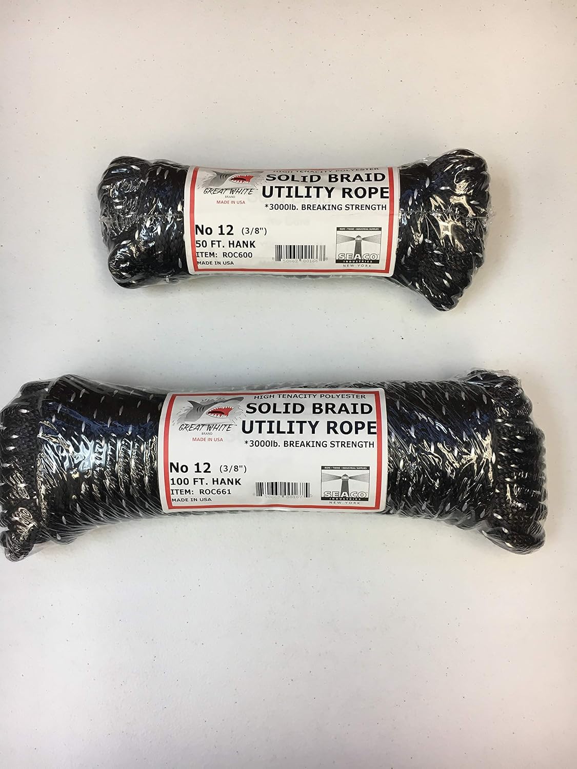 Utility Rope, Utility Cord, Solid Braid 3/8" X 50 ft, Premium HIGH Tenacity Black w/White, 3, 000lb. TENSILE Strength, Tow-Derby-EQUSTRAIN-Indoor-Outdoor-Tow-Pulling-BATTTLE-Jump-Made in USA : Sports & Outdoors