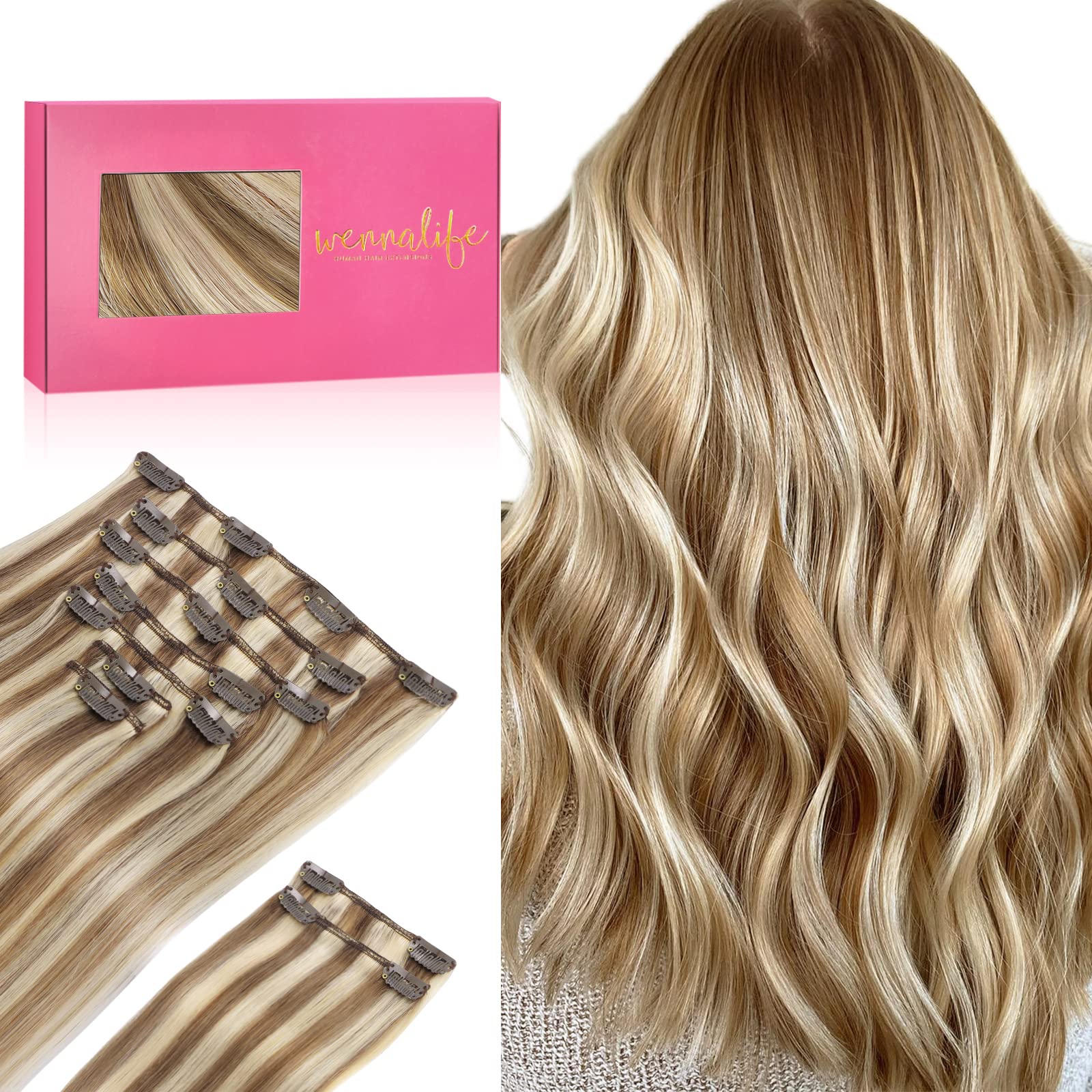 WENNALIFE Hair Extensions Clip In, 9pcs 14inch 150g Ash Brown Highlighted Golden Blonde Thicker Clip In Hair Extensions Real Human Hair Remy hair extension Double Weft Clip in Human Hair Extensions — image 1