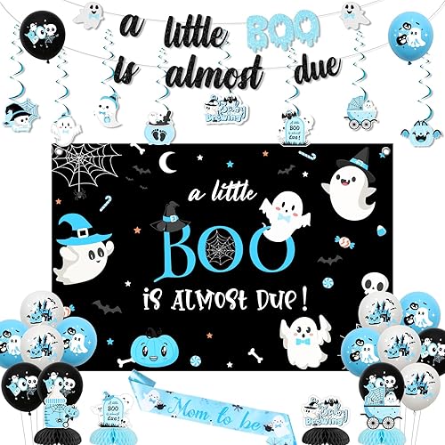 Fangleland Blue Black A Little Boo is Almost Due Halloween Decorations, Cute Ghost Themed 1st Birthday Party Supplies, Include Backdrop Banner Balloon Sash Honeycomb Centerpieces Hanging Swirls