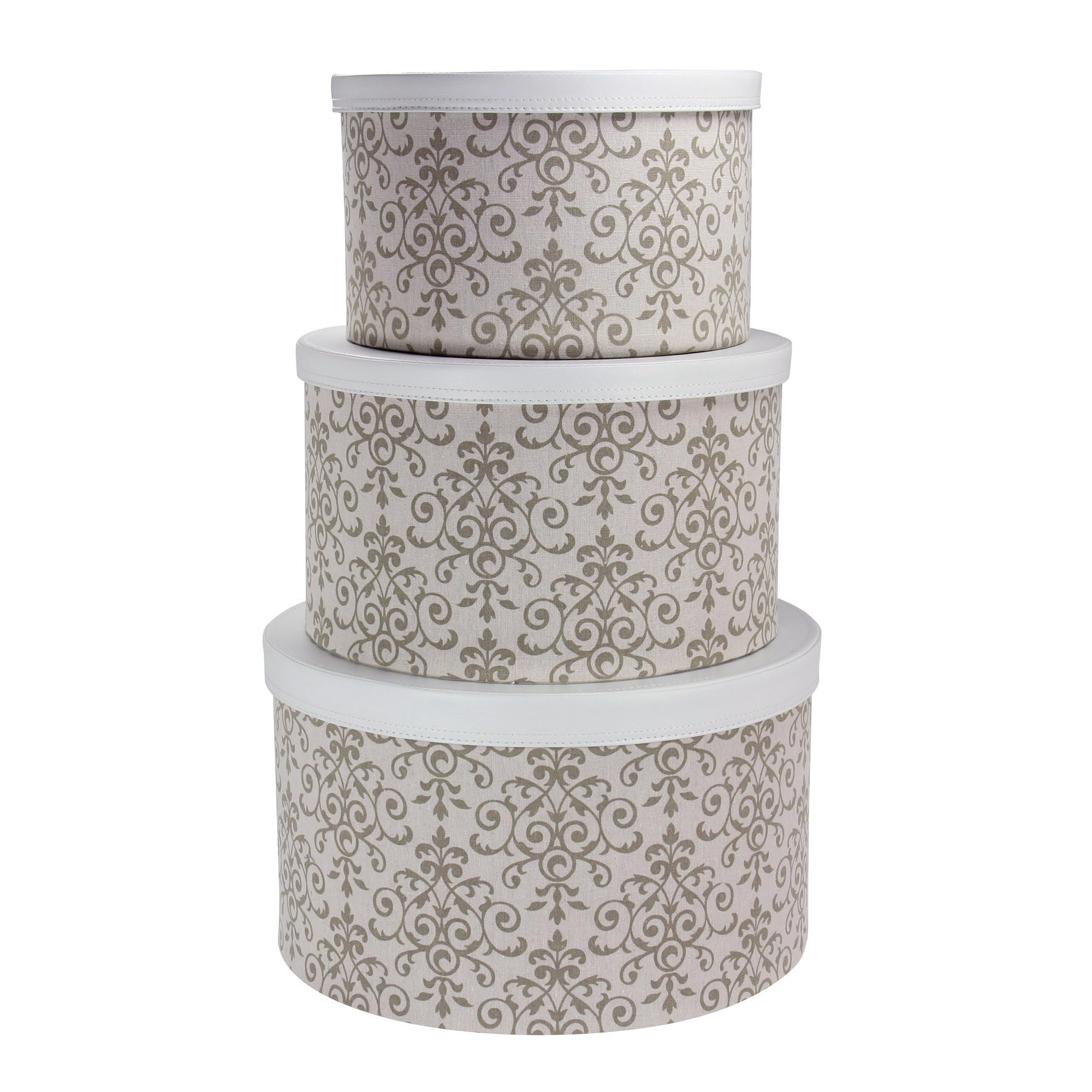 Household Essentials Round Hat Boxes with Lids, Vibrant Scallop Print with Faux Leather Lids, Poly-Cotton and Non-Woven PP Liner, Large, Medium and Small, Stackable and Nestable, Olive and Cream Image