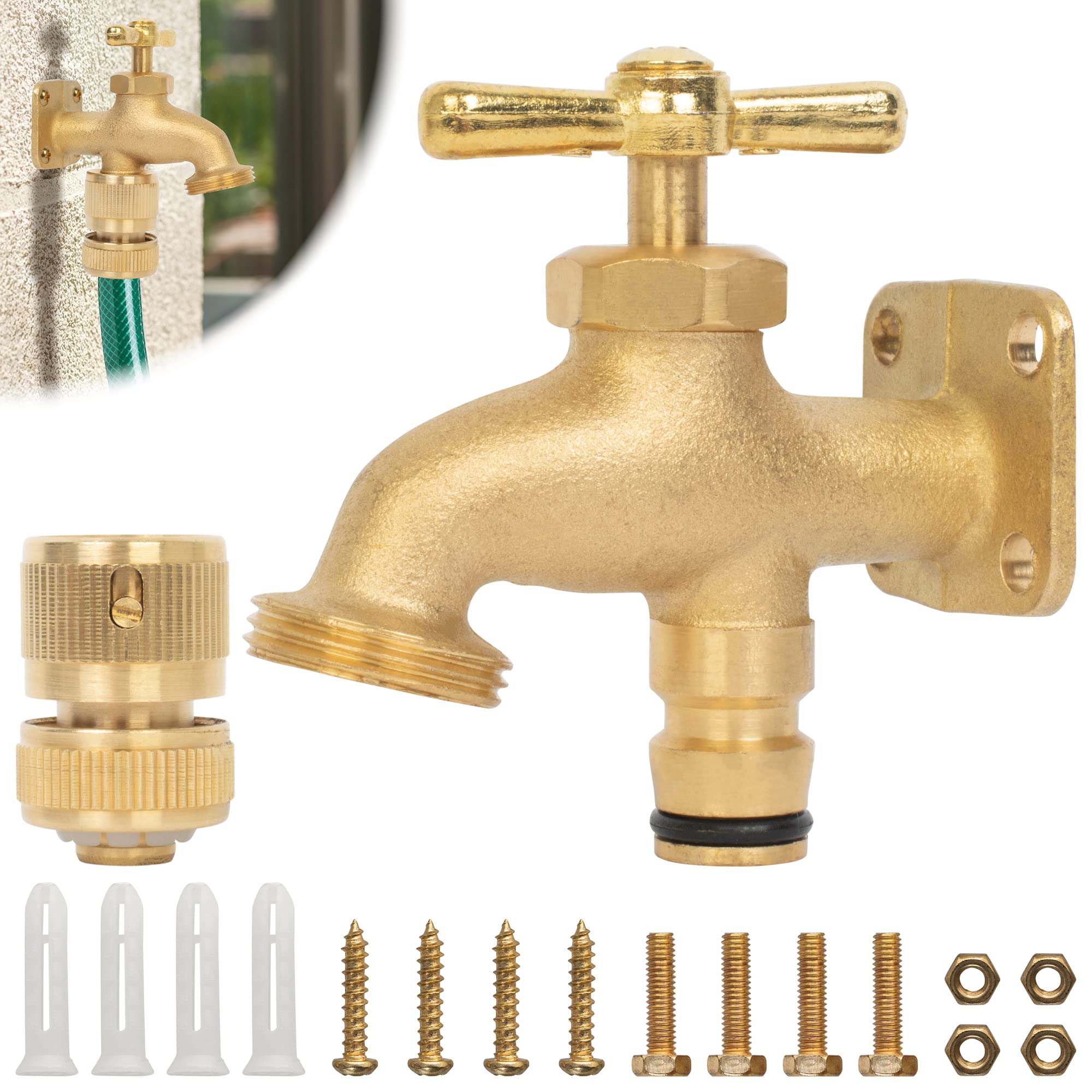 BLOSTM Solid Brass Hose Tap - Outside Tap Kit with Bib Tap, ½” Quick Connector, Screws & Wall Plugs - Anywhere Tap for Convenient Water Access - Ideal for Garden, Allotment, Stables, Building Site