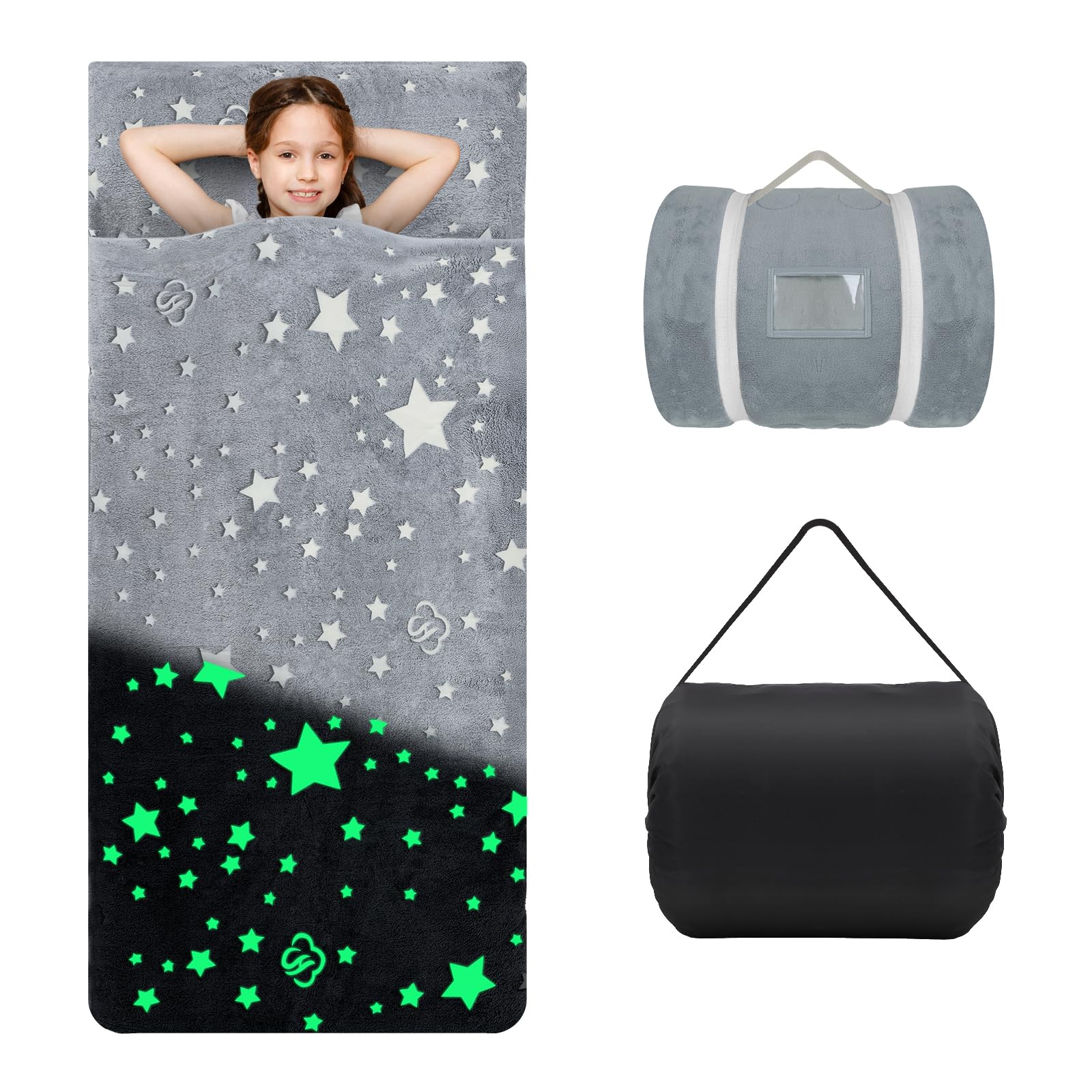 Kids Sleeping Bag with Pillow,Glow in The Dark Nap Mat for Toddlers Boys Girls,Large & Comfy Plush Slumber Bag for Sleepovers Camping Travel,Star Grey