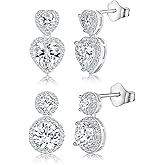 2 Pairs Stud Earrings Set Heart Round 18K White Gold Plated Fashionable Cubic Zirconia Stud for Women and Men Round Heart CZ