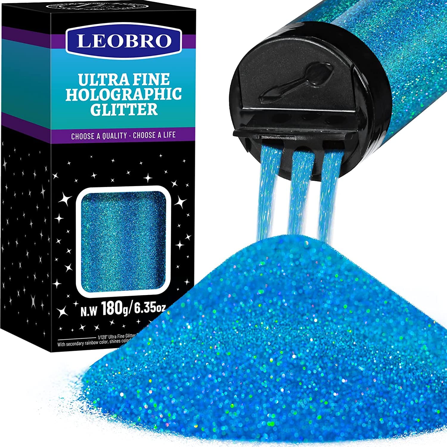 LEOBRO 180G/6.35OZ Holographic Ultra Fine Glitter, 1/128" Metallic Iridescent Powder Sequins Flakes for Resin Tumblers, Hair, Face, Body, Nail Art Crafts - Blue