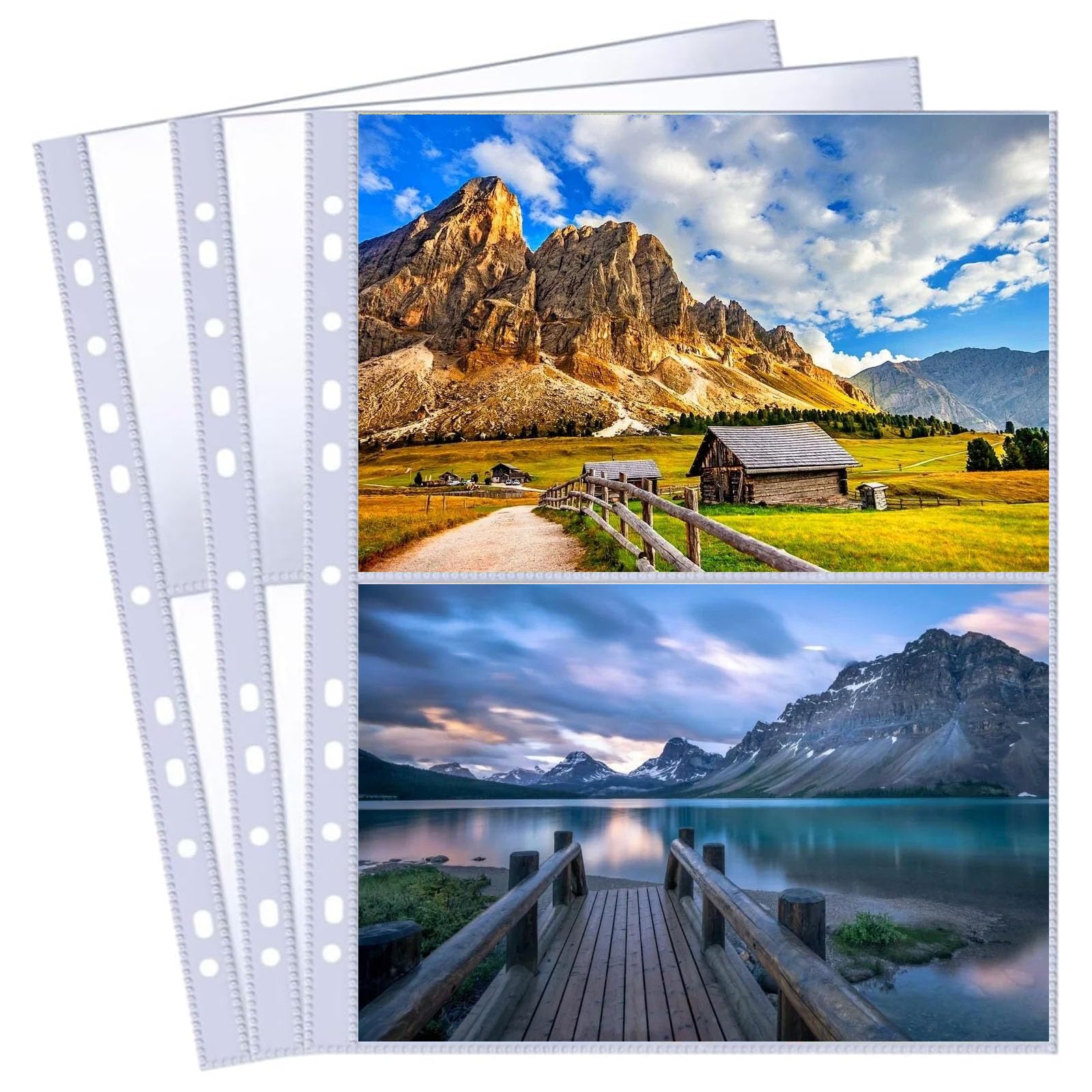 Bamyli 30 Pack 60 Pockets A4 Photo Sleeves,Postcard Sleeves for A4 2/3/4 Ring Binder,2 Pocket Single Sided Photo Page Protector, Plastic Photo Sheet Protector for Photos,Postcards(31cm*23cm)