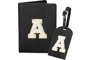 ULICO Initial Passport Cover and Luggage Tag Set,PU Leather Letter Passport Case Holder Travel Suitcase Tag, Personalized Travel Luggage Accessories Gifts for Women Kids Teenage Black A