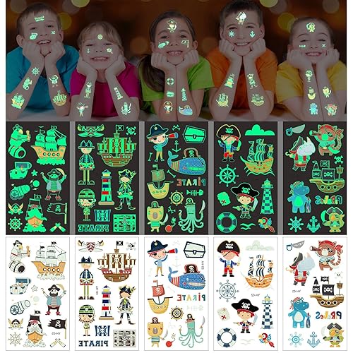AOMIG Temporary Tattoo for Kids, 10 Sheets Glow In The Dark Cartoon Pirate Tattoo Stickers, Waterproof Luminous Fake Tattoo Stickers Set for Boys Girls Birthday Gift Party Bag Filler