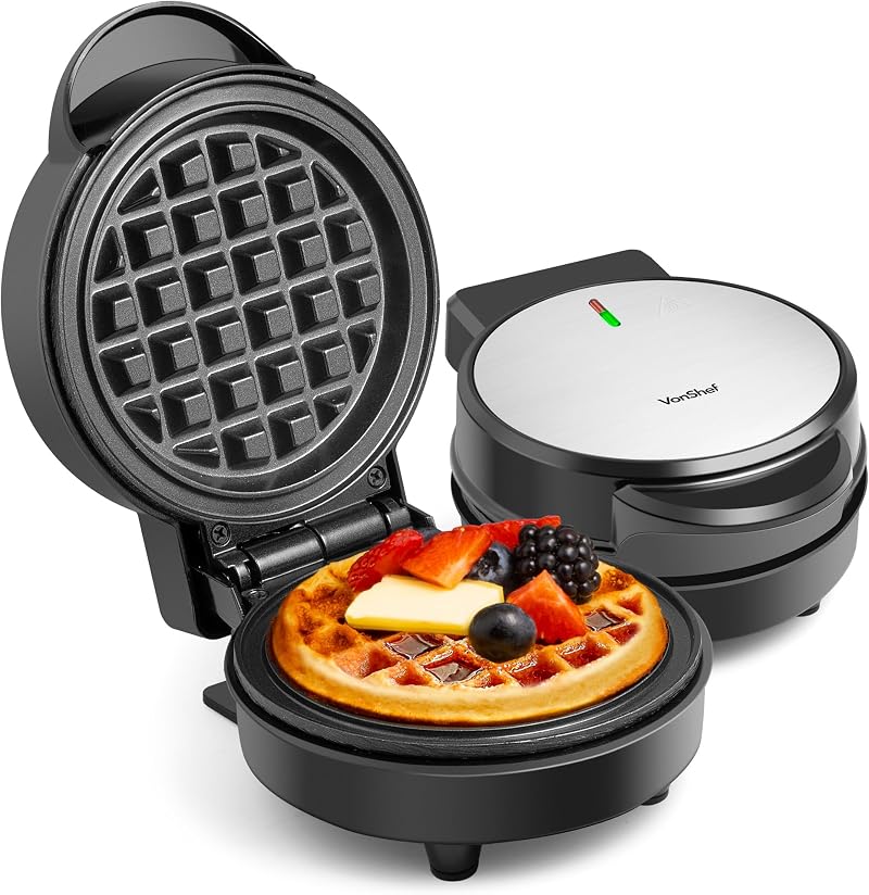VonShef Mini Waffle Maker 600W 12.5cm Non-Stick Plates Black