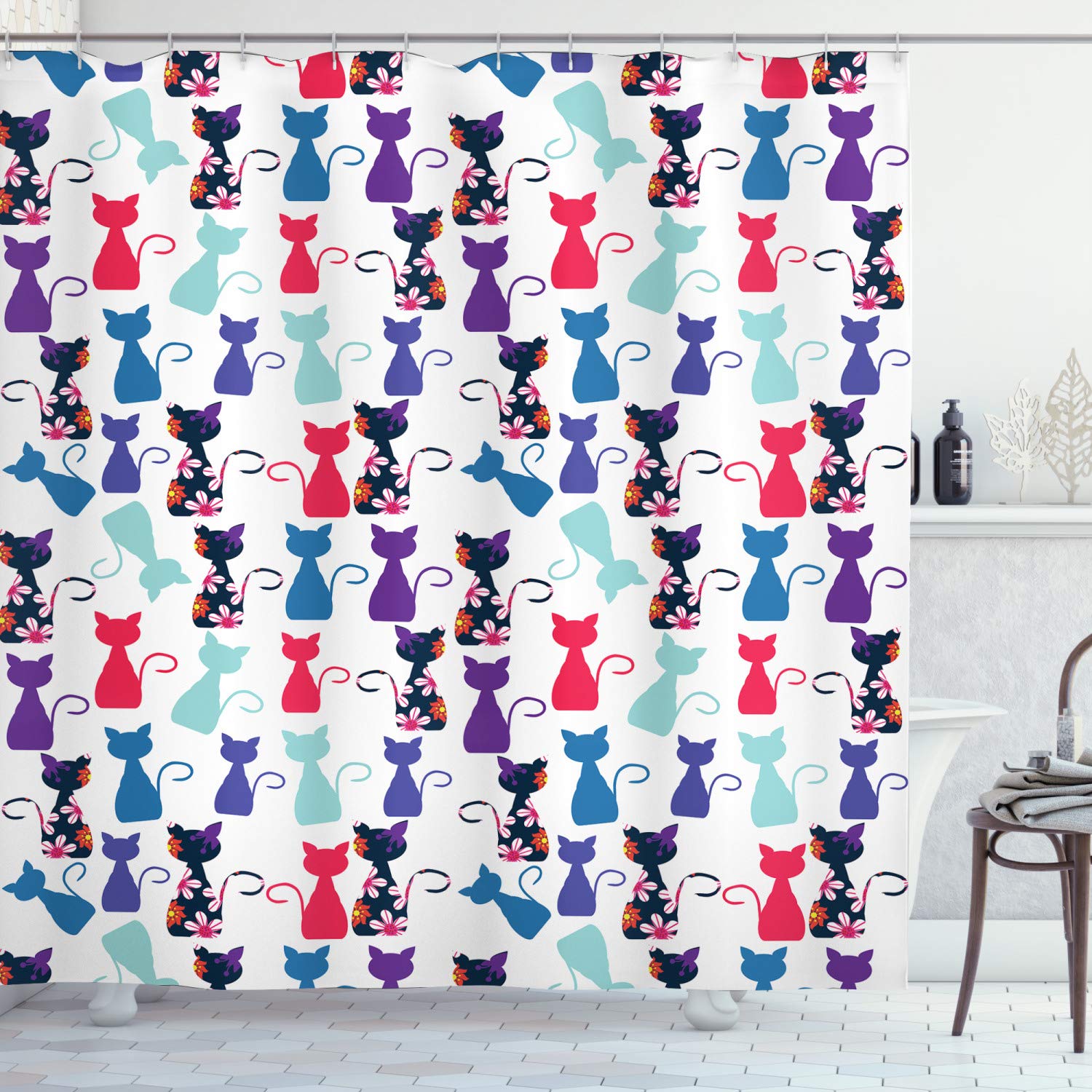 ABAKUHAUS Cat Print Shower Curtain, Baby Animals in Vivid Colors Flowers Funny Kittens Pattern Nursery, Cloth Fabric Bathroom Decor Set with Hooks, 78 Inches, Multicolor