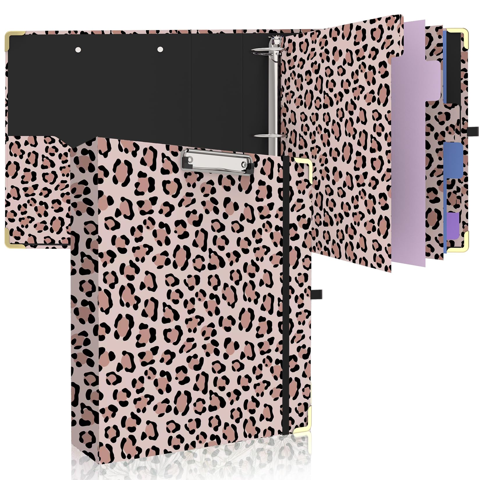 Photo 1 of 2 Inch 3 Ring Binder, Round Ring Binder with 6 Tab Dividers, 2 Interior Pockets, Cute Binders Clipboard with Storage for Letter-Size, Folders Organizer for School Office, Portfolio (Cheetah Spots)