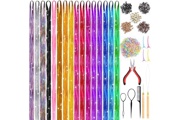 Hair Tinsel Kit (48 Inch, 16 Colors, 3200 Strands), Glitter Sparkly Fairy Hair Extensions with Tools for Women Girls Daily Pa