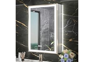 QueenFun 24x32 Lighted Medicine Cabinet with Mirror, Beveled Brushed Nickel Framed Surface or Recessed Fogless Dimmable LED Medicine Cabinet with Outlet, Time Display and Sensor Inner Light