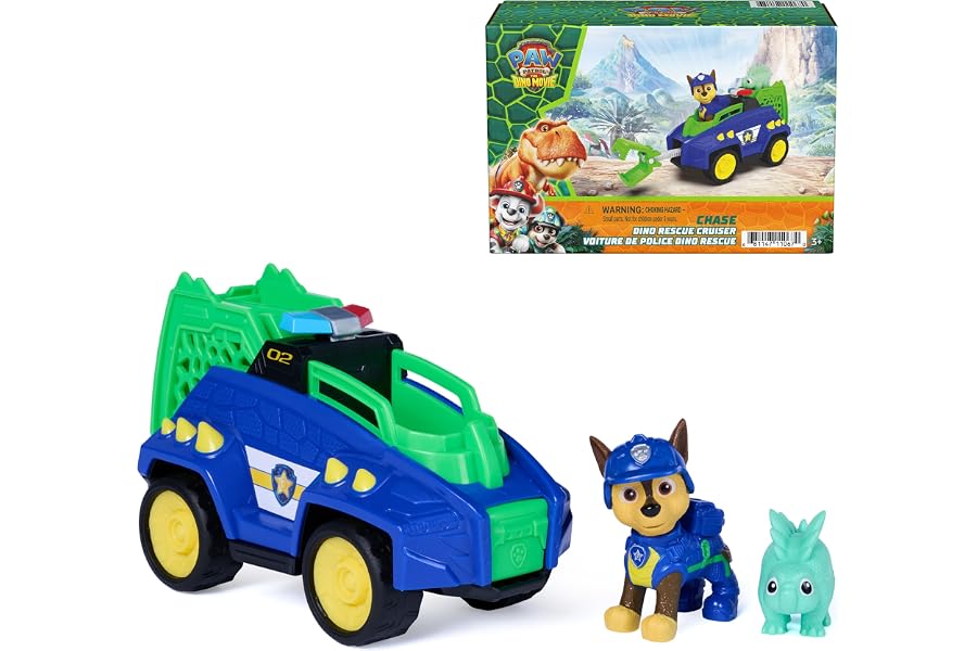 PAW Patrol The Dino Movie Chase Dino Rescue Cruiser Toy Car Vehicle | Spring Loaded Front Rescue Claw, 2 Collectible Movie Action Figures, Toy Car, Kids Toys for Boys & Girls Ages 3+