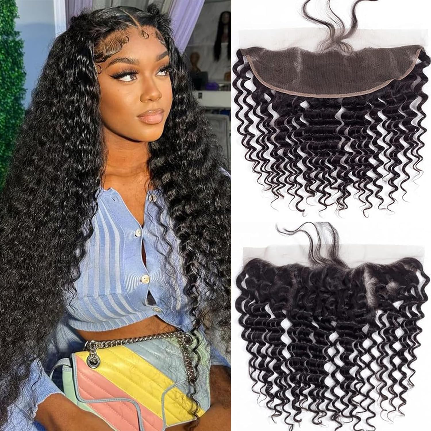 13x4 Lace Frontal Human Hair Deep Curly with 100% Unprocessed Brazilian Virgin Hair Extensions Natural Hairline Ear to Ear PLace Frontal Pre Plucked with BabyHair 10 Inch