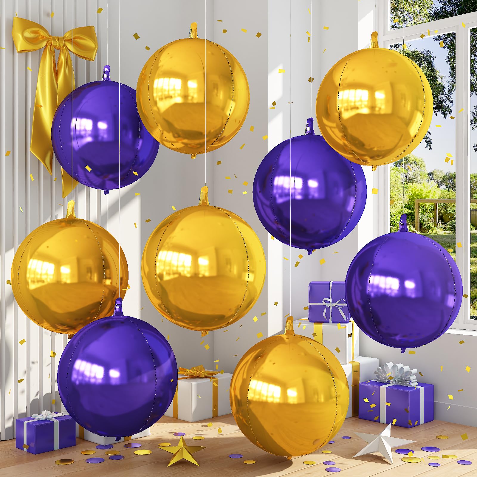 Froova 9 Pcs Purple Gold Round Foil Balloons Dark Purple Metallic Gold Chrome 4D Ball Balloons 22 In Orbz Mylar Balloon for Graduation Grad Birthday Wedding Anniversary Disco Party Decorations