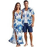 DRESSFO Couple Matching Hawaiian Outfits Flower Leaf Printed Ruffles Split Dress or Men's Short Sleeve Button Up Shirt