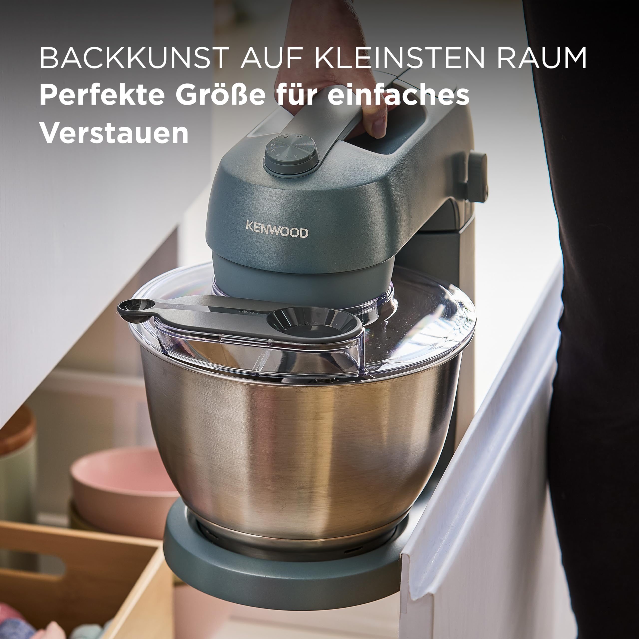 Kenwood Go Küchenmaschine KZM35.000GY, platzsparend, inkl. 4-Liter-Schüssel, K-Haken, Ballonschneebesen, Knethaken, Spritzschutz & Messlöffel, Metallgehäuse mit Tragegriff, 800W, Blau 2