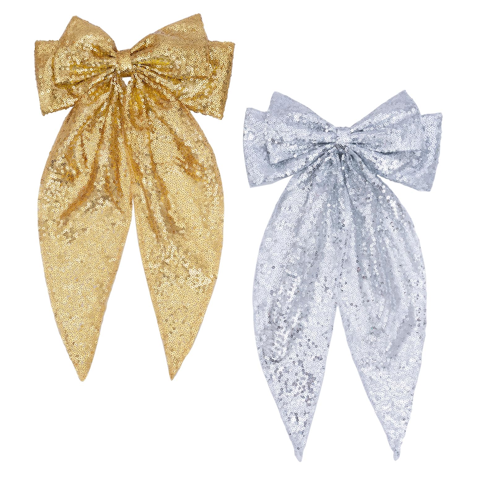Eternal Beauty Sequin Bow Hair Clip Big Hairpin French Solid Color Barrette Soft air Bowknot Accessories for Women Girls 2Pcs (Silver and Amber Gold)