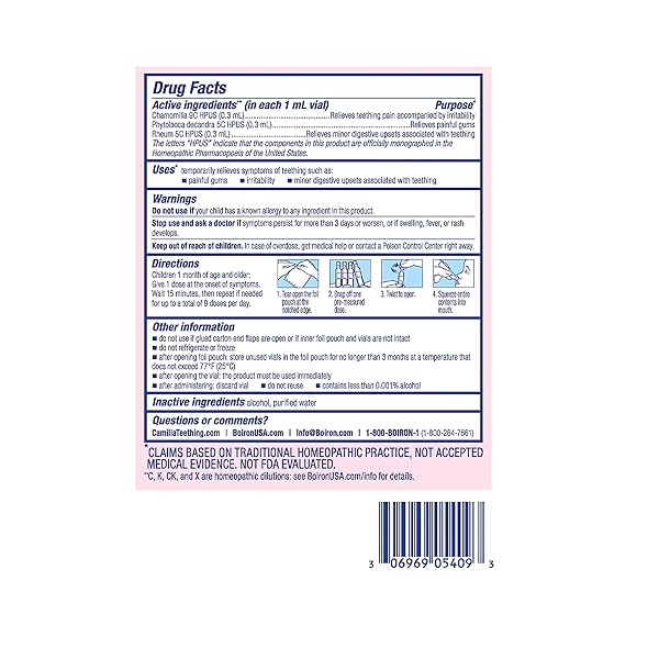 BOIRON CAMILIA TEETHING DROPS FOR DAYTIME AND NIGHTTIME RELIEF OF PAINFUL OR SWOLLEN GUMS AND IRRITABILITY IN BABIES – 30 COUNT