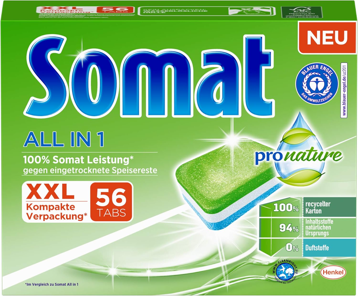 Somat All in 1 Pro Nature Spülmaschinen-Tabs, 56 Tabs, umweltfreundlich mit 100 Prozent Somat Leistung, mit wasserlöslicher Folie