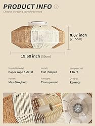 SYDACG 20 Inch Rattan Boho Ceiling Fan with Light