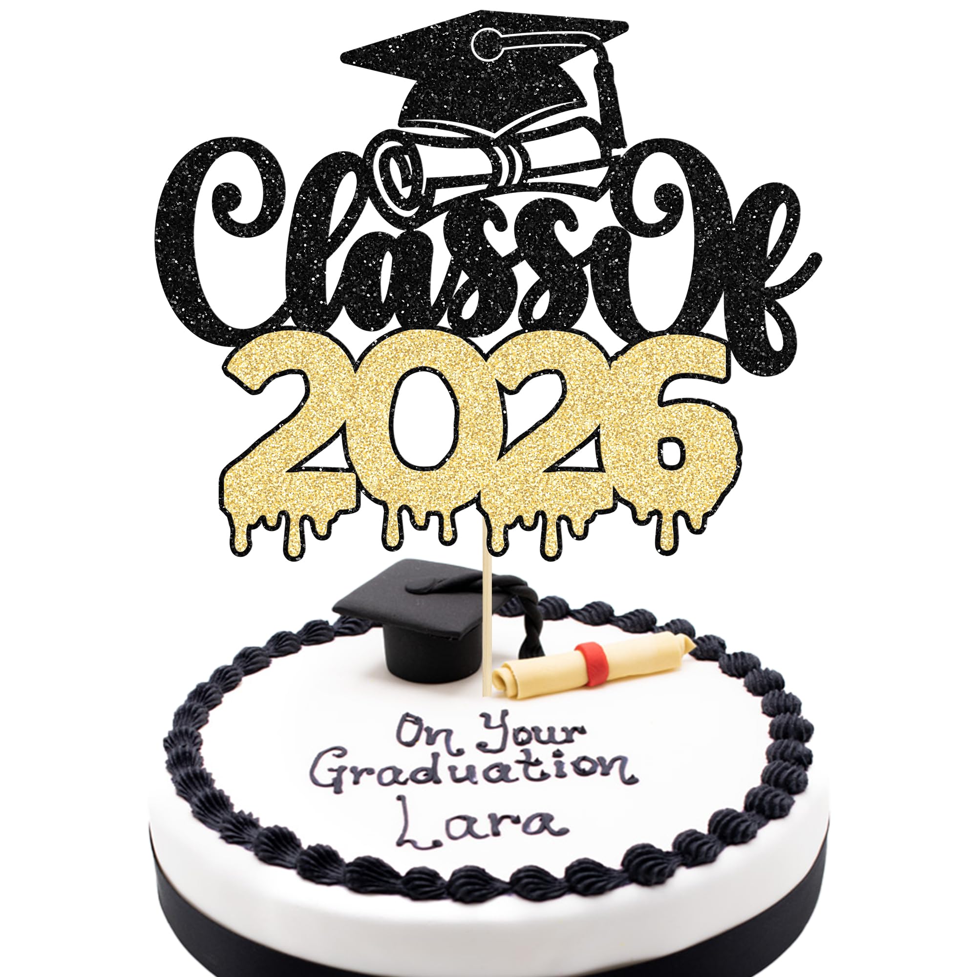 1Pc Graduation 2026 Cake Topper Glitter Class of 2026 Cake Pick for 2026 Graduation Theme High School Boys Girls Graduate Party Cake Decorations Supplies Black Gold