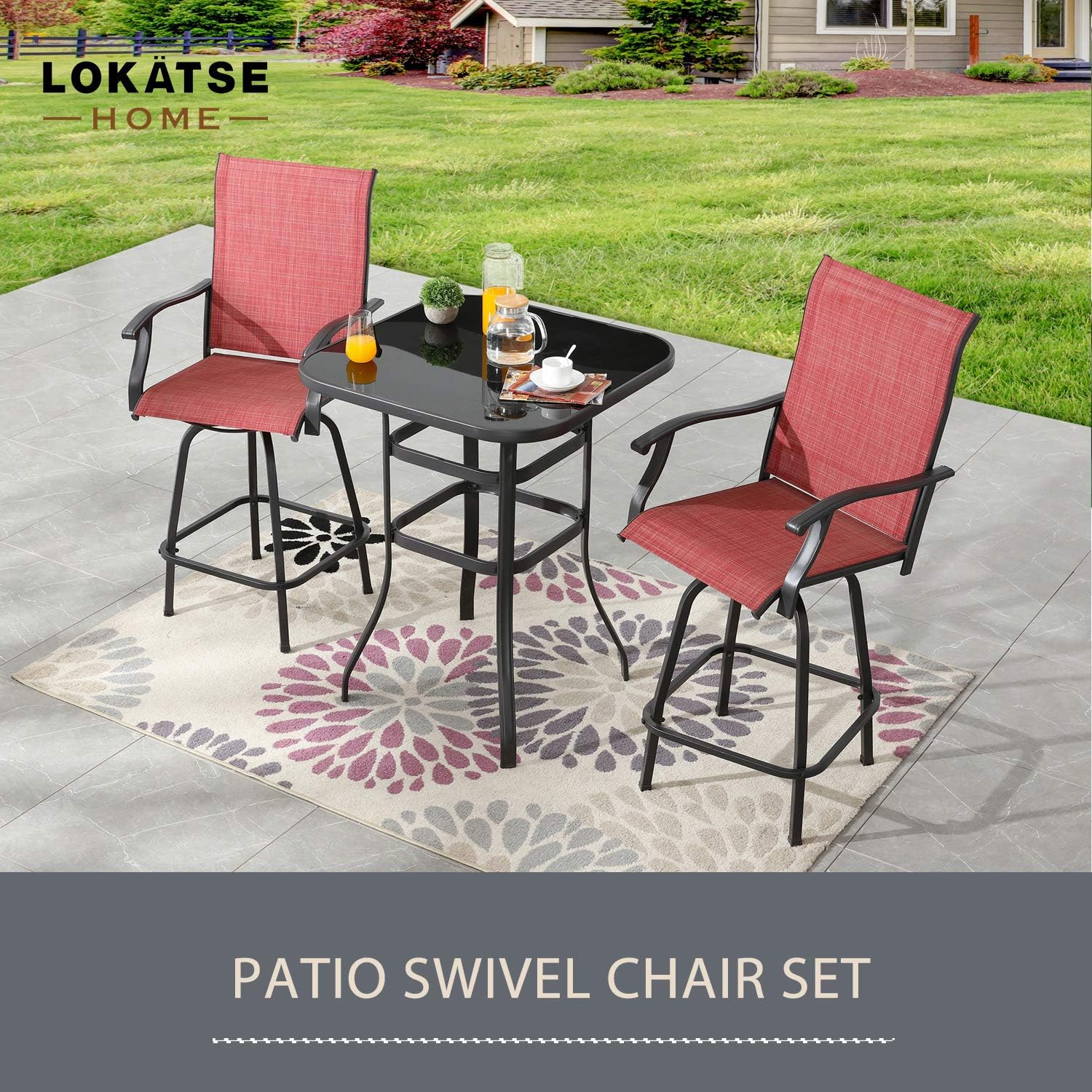 LOKATSE HOME 3 Pcs Bar Stools Set 2 High Swivel Chairs and 1 Height Outdoor Bistro Table, Patio Furniture, Red Tesling Fabric : Garden & Outdoor