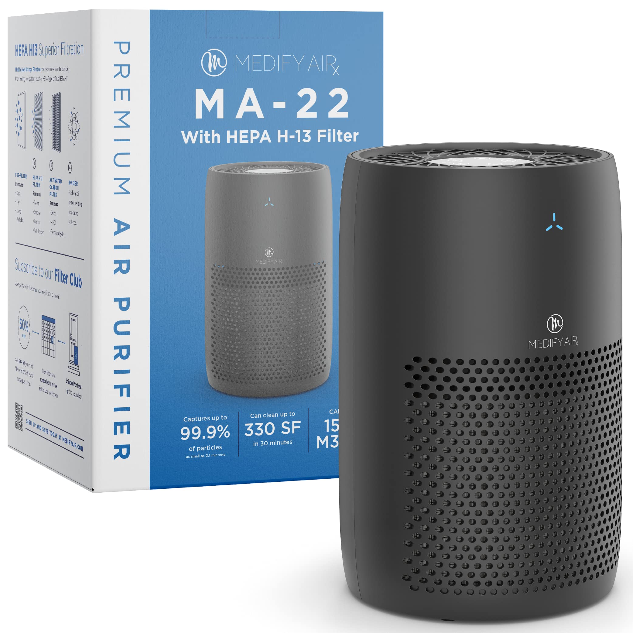 Medify MA-22 Air Purifier with True HEPA H13 Filter | 555 ft² Coverage in 1hr for Allergens, Smoke, Wildfires, Dust, Odors, Pollen, Pet Dander | Removal to 0.1 Microns | Black, 1-Pack