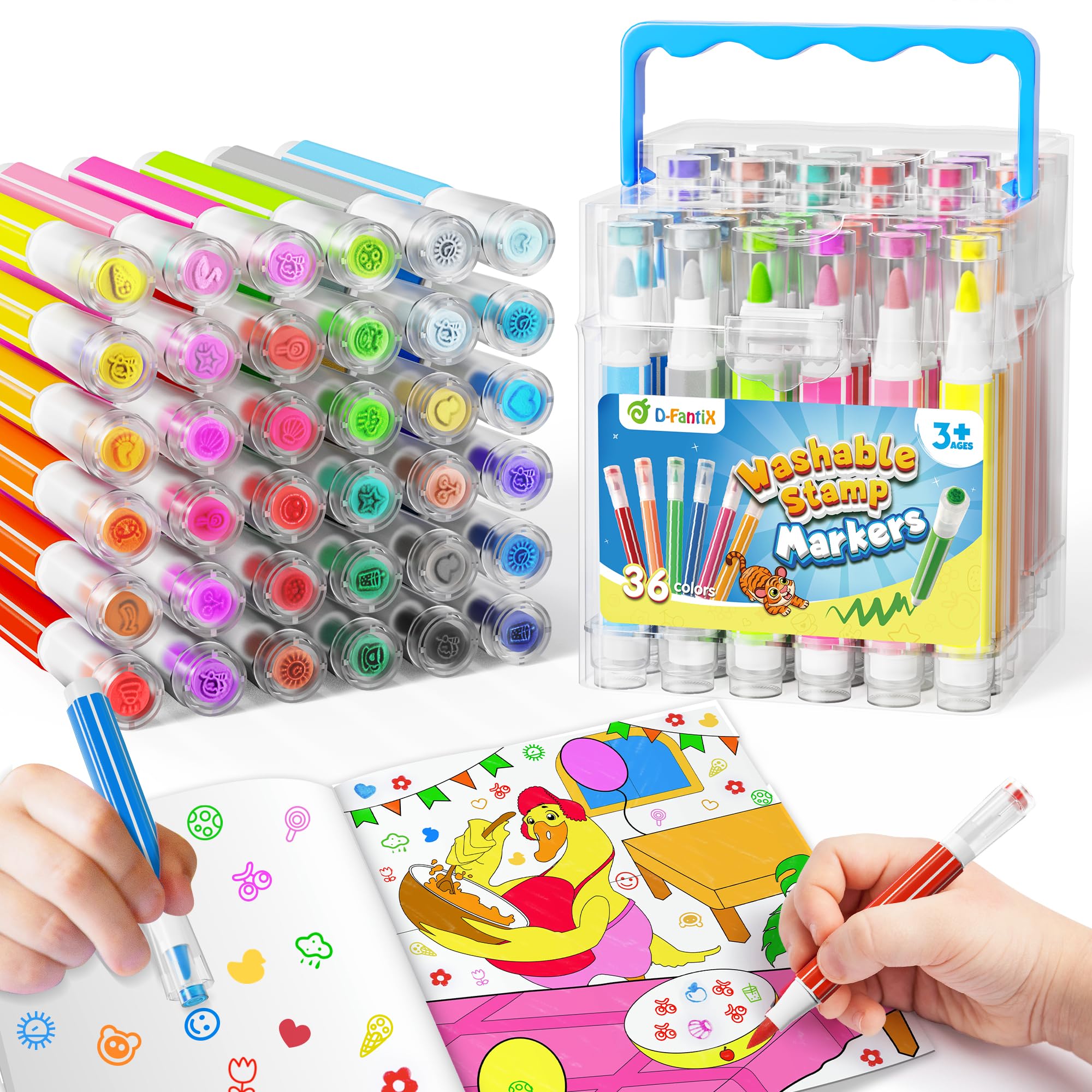 D-FantiX 36 Colors Washable Markers for Kids, Stamp Markers Coloring Set with Coloring Books and Stand Portable Box, Back to School Supplies for Girls Boys, Kids Road Trip Activities