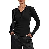 BERESIA Women's 2025 Fall Button Down Lapel V Neck Long Sleeve Ribbed Knit Casual Slim Tops