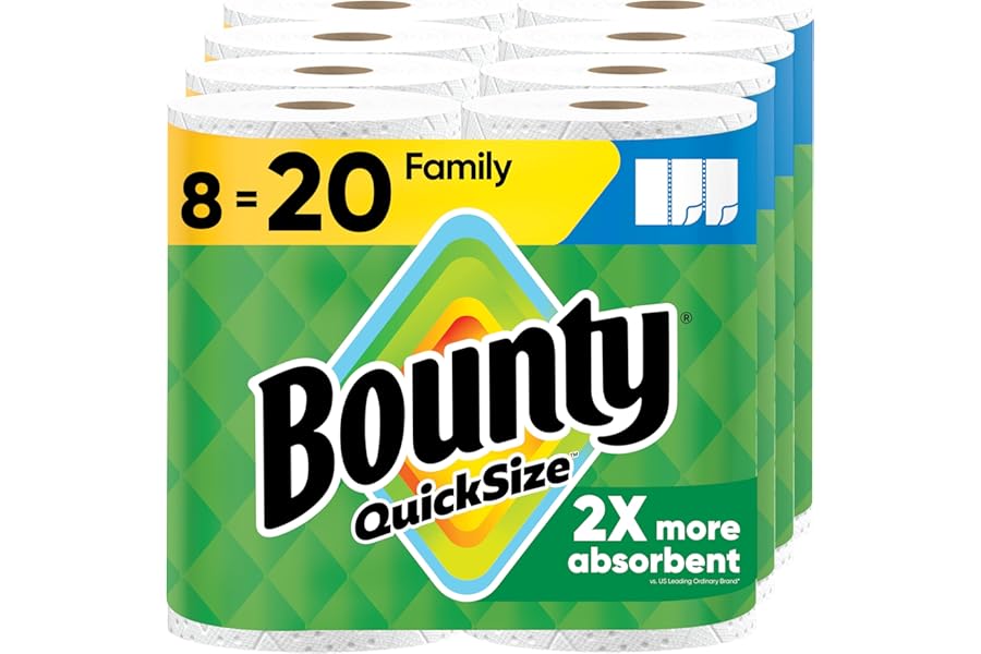 Bounty Quick Size Paper Towels, White, 8 Family Rolls = 20 Regular Rolls (Packaging May Vary)