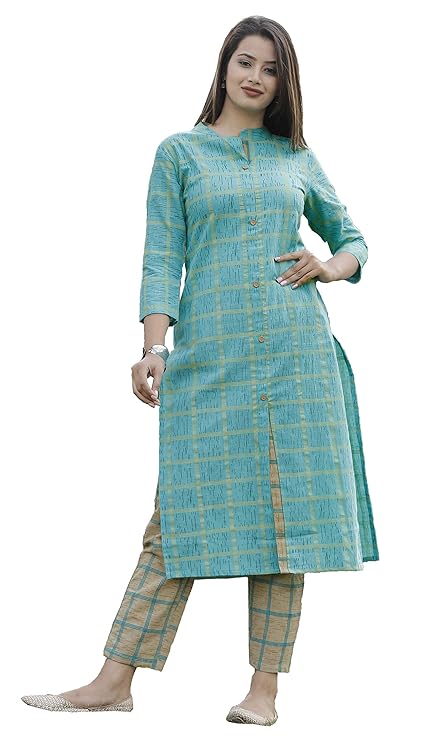 Oxyco Jaipuri Cotton checks Kurta Pant Set for women's