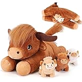 gnomantic 4 Pieces Highland Cow Stuffed Animals - 1 Mommy Stuffed Highland Cow with 3 Babies - Brown Cow Gifts for Girls Age 3-8, Cows Plush Toys for Christmas, Valentine's, Birthday Gifts (Brown)