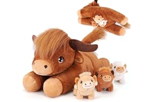 gnomantic 4 Pieces Highland Cow Stuffed Animals - 1 Mommy Stuffed Highland Cow with 3 Babies - Brown Cow Gifts for Girls Age 