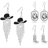 3 Pairs Western Cowgirl Earrings for Women Sparkly Tassel Rhinestone Chandelier Hat Earrings Country Concerts Rodeo Jewelry